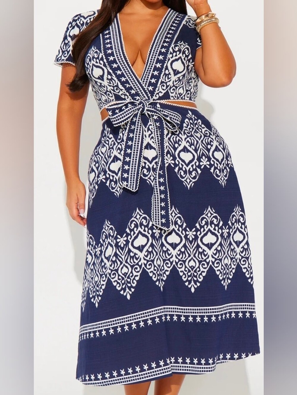 Navy & White Tie-Front Maxi Dress